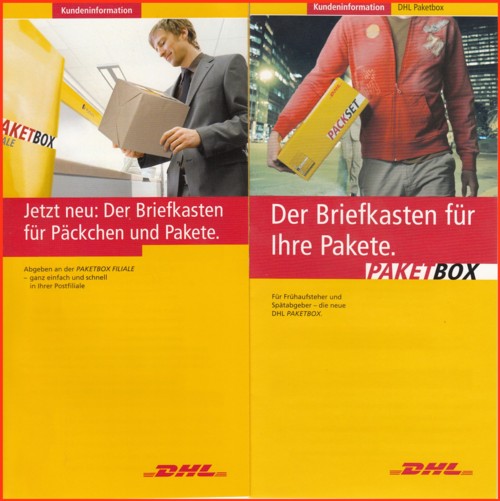 Die zwei unterschiedlichen Werbeflyer aus dem jeweiligen Versuchsgebiet - rechts die Frankfurter Variante - links die Berliner Variante zur "Paketbox Filiale" (auch der Inhalt ist teilweise deutlich anders)