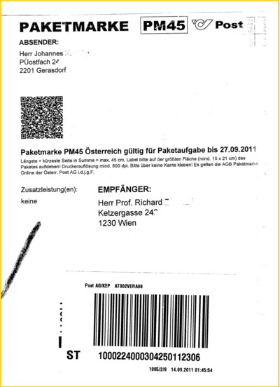 Eine österreichische vorausbezahlte Paketmarke, die scheinbar im Gegensatz zu deutschen Paketmarken nur eine beschränkte Gültigkeit hat