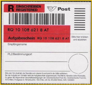 Vorausbezahlte Einschreiblabel aus Österreich aus dem Herbst 2011 - Variante 2