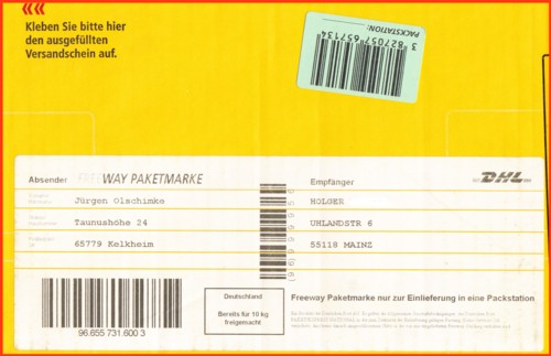 Paket mit seltener Freeway-Marke mit weißen Testpapier aus der Packstation aus den ersten Tagen nach Einführung (15. August 2004) gelaufen nach Mainz, dort mittels grüner Benachrichtigungskarte zu einer Packstation umgeleitet (erkennbar am grünen Strichcodeaufkleber) Paket mit seltener Freeway-Marke mit weißen Testpapier aus der Packstation aus den ersten Tagen nach Einführung (15. August 2004) gelaufen nach Mainz, dort mittels grüner Benachrichtigungskarte zu einer Packstation umgeleitet (erkennbar am grünen Strichcodeaufkleber)