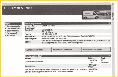 Der dazugehörige DHL Track & Trace Nachweis Der dazugehörige DHL Track & Trace Nachweis