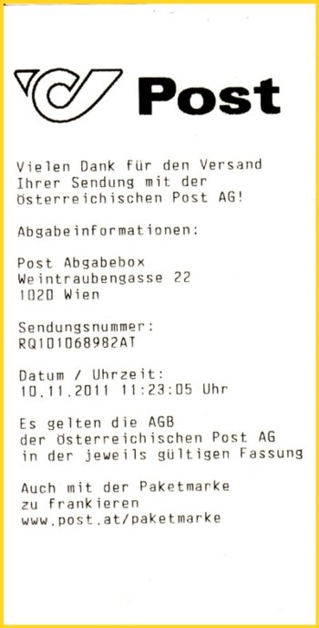 Der wichtigste Nachweis, daß die Sendung über die Paket Abgabebox eingeliefert wurde - die entsprechende Quittung - hier vom 10.11.2011 für ein Einschreiben - extrem frühes Datum oder sogar der Ersttag für die Einlieferung von Einschreiben