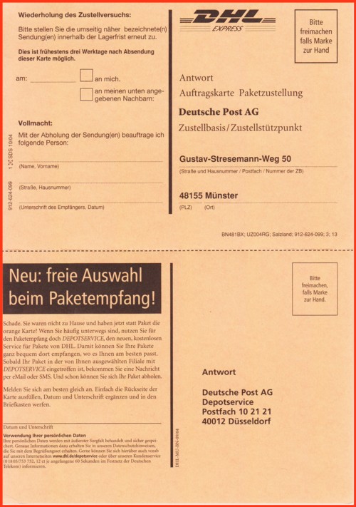 Eine sehr seltene rote Doppelpaketkarte aus dem Versuchsgebiet Münster mit anhängendem Anmeldeformular für den Depotservice (Vorderseite) Eine sehr seltene rote Doppelpaketkarte aus dem Versuchsgebiet Münster mit anhängendem Anmeldeformular für den Depotservice (Vorderseite)