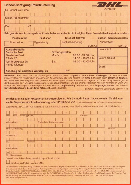 Die selbe rote Doppelbenachrichtigungskarte aus dem Versuchsgebiet Depotservice Münster von der Rückseite Die selbe rote Doppelbenachrichtigungskarte aus dem Versuchsgebiet Depotservice Münster von der Rückseite