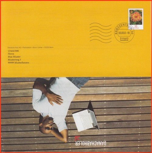 aufgeklappte Muster-Dienstganzsache (Plusbrief) in Form eines Faltblattes mit rückseitigen Begrüßungsschreiben und beiliegenden Flyer für die Packstation - wurde in einer transparenten Kunststoffhülle verschickt aufgeklappte Muster-Dienstganzsache (Plusbrief) in Form eines Faltblattes mit rückseitigen Begrüßungsschreiben und beiliegenden Flyer für die Packstation - wurde in einer transparenten Kunststoffhülle verschickt