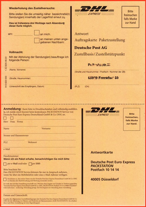 Die selbe Doppelpaketkarte von der Anschriftenseite her - links am Rnad sieht man den Druckvermerk Die selbe Doppelpaketkarte von der Anschriftenseite her - links am Rnad sieht man den Druckvermerk