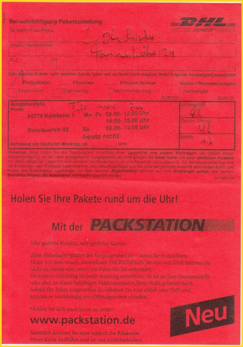 Provisorium einer roten Doppelpaketkarte, allerdings nur einseitig fotokopiert auf rotes Papier Provisorium einer roten Doppelpaketkarte, allerdings nur einseitig fotokopiert auf rotes Papier
