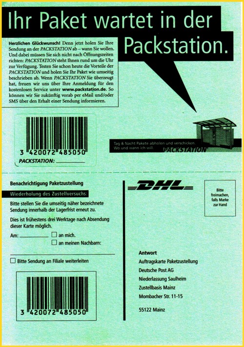 Vorderseite einer seltenen grünen Benachrichtigungskarte der ersten Auflage aus dem Versuchsgebiet Mainz aus dem Frühjahr 2004 Vorderseite einer seltenen grünen Benachrichtigungskarte der ersten Auflage aus dem Versuchsgebiet Mainz aus dem Frühjahr 2004