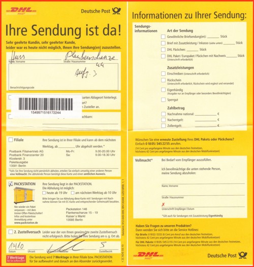 Die aktuellen gemeinsamen Benachrichtigungskarten für den Briefdienst und Frachpostdienst gleichzeitig - hier von Ende 2011 Die aktuellen gemeinsamen Benachrichtigungskarten für den Briefdienst und Frachpostdienst gleichzeitig - hier von Ende 2011