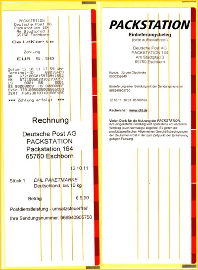 Hier zum Schluß zur Dokumentation noch der passende Einlieferungsbeleg sowie die Quittung von der Bezahlung mittels Geldkarte Hier zum Schluß zur Dokumentation noch der passende Einlieferungsbeleg sowie die Quittung von der Bezahlung mittels Geldkarte