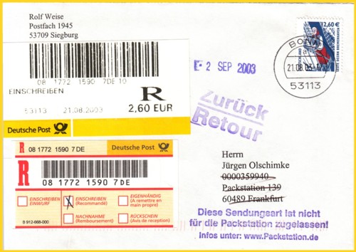 Einschreibbrief von einem Postdienstleistungsautomaten an eine Packstationsadresse. Da dies nicht zulässig ist, gibt es in jedem Briefzentrum einen entsprechenden Stempel "Diese Sendungsart ist nicht für die Packstation zugelassen! Infos unter www.Packstation.de" Einschreibbrief von einem Postdienstleistungsautomaten an eine Packstationsadresse. Da dies nicht zulässig ist, gibt es in jedem Briefzentrum einen entsprechenden Stempel "Diese Sendungsart ist nicht für die Packstation zugelassen! Infos unter www.Packstation.de"
