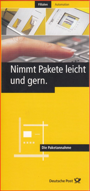 Die Vorderseite des dreiteiligen Werbeflyers zum Paketannahmeautomaten von Crisplant
