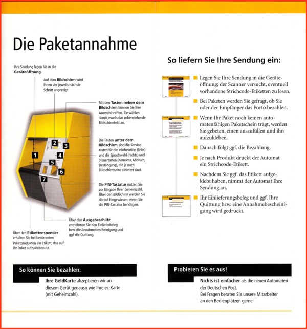 Ein Teil der Innenseite des Werbeflyers mit der Erklärung und Bedienungsanleitung für den Postkunden (der komplette Flyer vorne und hinten wird am Ende des Artikels noch mals etwas kleiner abgebildet)
