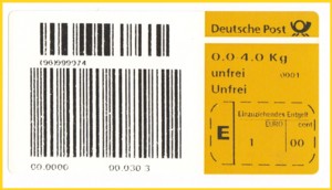Das Freimachungslabel vom Automat - hier mit dem Layout der Europhase für ein unfreies Paket - von der Postexpo 2002 aus Köln aus dem Oktober 2002 (daher ist hier auch nur die Wertangabe 1,00 Euro einprogrammiert)