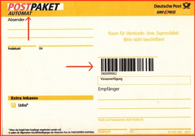 Spezieller Paketaufklebervordruck nur für den dänischen Automaten, erstmals mit Strichcode (erkennbar auch an der Zusatzangabe "Automat" unterhalb des Wortes Postpaket
