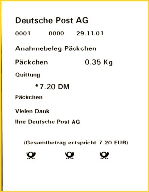 Hier ein Beispiel für einen Annahmebeleg eines erfolgreich angenommenen Päckchens vom Standort Göttingen