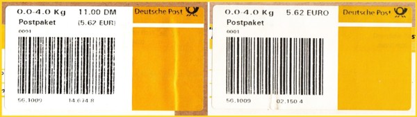 Die Freimachungslabel für ein zu bezahlendes Postpaket - links die DM-Variante - rechts die vermutlich sehr seltene Euro-Variante - der Identcode war als Nummernkreis im Annahmeautomat hinterlegt und bekann immer mit 56.1009 ...