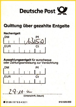Hier noch zur Ergänzung die zugehörige manuell erstellte Quittung vom Paketzusteller über 13,50 DM