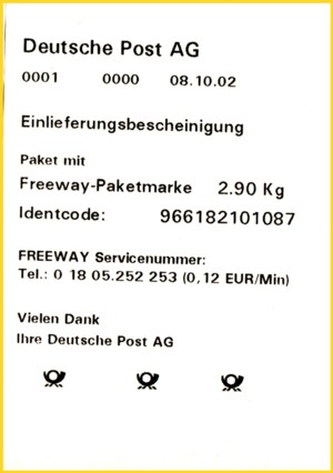 Quittug von der Postexpo 2002 aus Köln als Nachweis, das der dänische Paketannahmeautomat schon damals als erster Automat überhaupt in Deutschland auch Freewaypakete annehmen konnte