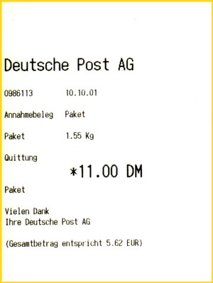 Eine Musterquittung über die Annahme eines Postpaketes von der Postexpo 2002 aus Köln vom Prokennt-Automaten noch mit dem Startdatum des geplanten Einsatzes bei der Deutschen Post AG am 10.10.2001