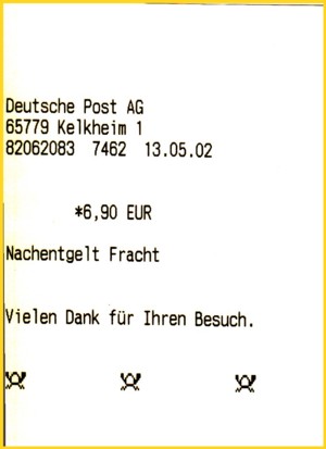 Die zu diesem Vorgang dazu gehörige Bezahlung des unfreien Paketes am Postschalter, da die erste Zustellung nicht erfolgreich war