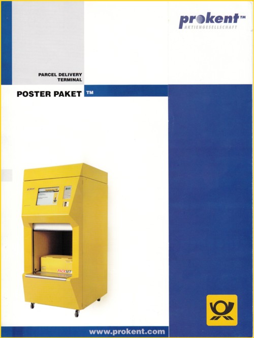 Die Vorderseite des Firmenprospektes von Prokent vom damaligen Paketannahmeautomaten entwickelt für die Deutsche Post AG im Jahre 2001