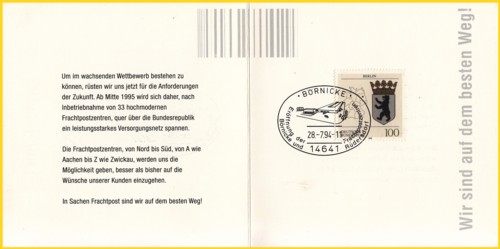Ein Beispiel für den jeweiligen Sonderstempel zur Eröffnung eines Frachtzentrums