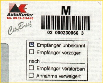 Briefausschnitt eines nicht zustellbaren Briefes beim City Brief, versehen mit einem zusätzlichen Nebenstempel mit ankreuzbarem Grund, weshalb die Zustellung nicht erfolgte