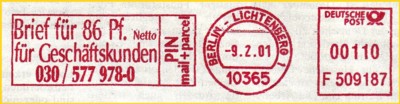 Absenderfreistempel von Pin AG aus Berlin noch in roter Farbe