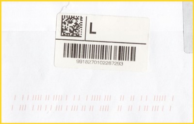 Briefausschnitt von der Rückseite eines C5-Briefes aus Holland nach Deutschland hier mit einem Privatpostlabel mit 2-D-Barcode aufgebracht von TNT (Labelsystem stammt von der Firma Asinteg GmbH aus Schwerin - Referenzkunde ist TNT)