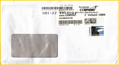 Label von Citypost Nordwest mit Strichcode und einem zusätzlichen 2-D-Barcode