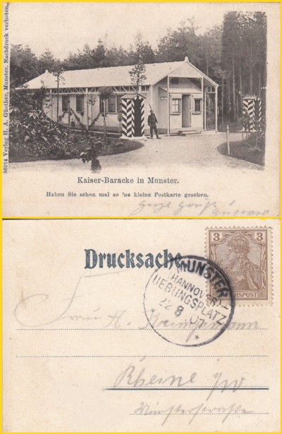 Minipostkarte (Format 91  x 61 mm) als Drucksache gelaufen am 22. August 1901 mit dem ersten Poststempel mit ergänzender Ortsangabe "Übungsplatz"