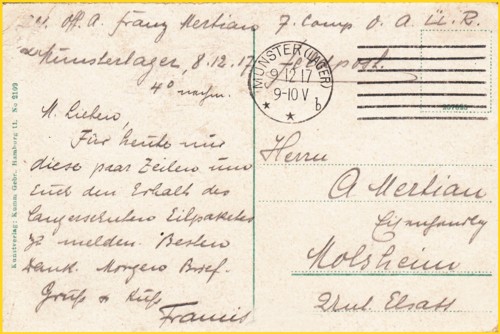 Feldpostkarte vom 9. Dezember 1917 gestempelt mit dem Maschinenstempel mit Ortsangabe "Munster (Lager) * * b"