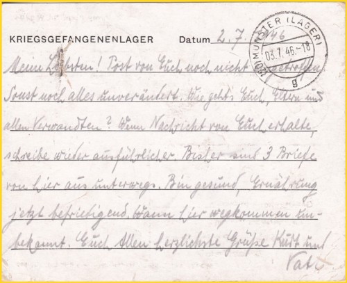Interessante Textseite einer eingedruckten Kriegsgefangenekarte mit nicht sichtbarer Absenderangabe "20 Munster Groß-Lager (2333) Teil-Lager A Transport Wolga" nach Colditz (Sachsen) mit auf der Textseite sauber abgeschlagenem aptiertem Stempel "(20) Munster (Lager)" Unterscheidungsbuchstabe "g" vom 3. Juli 1946