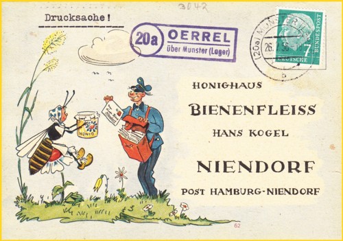 Postkarte als Drucksache 7 Pfennig Heuss mit Tagesstempel "(20a) Munster (Lager)" Unterscheidungsbuchstabe "b" vom 26. Juli 1956 mit zusätzlichem sehr sauber lesbaren Landpoststempel "20a Oerrel über Munster (Lager)" und bekannten Empfänger "Honighaus Bienenfleiss"