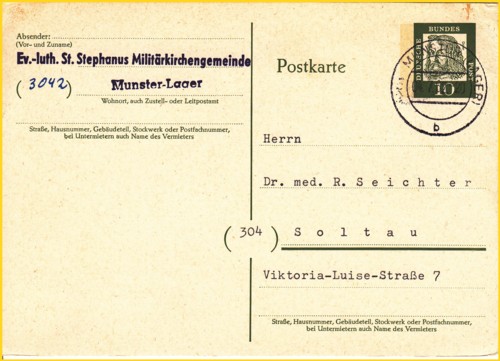 Ganzsache (Postkarte) 10 Pfennig Dürer mit scheinbar teilaptiertem Stempel "(...) Munster (Lager)" Unterscheidungsbuchstabe "b" vom 4. Juli 1962 mit interessanten Absender "Ev.-luth. St. Stephanus Militärkirchengemeinde Munster-Lager"