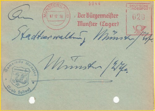 Briefvorderseite mit interessanten Absenderfreistempel vom 7. Dezember 1956 mit Ortsangabe "Munster (Lager)" mit Werbung vom "Der Bürgermeister Munster (Lager)"