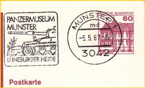 Postkartenausschnitt mit Maschinenwerbestempel mit Werbung für das Panzermuseum in 3042 Munster vom 5. Mai 1987