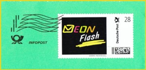 Ausschnitt aus einer Infopostsendung der Firma Otto Theobald, die hier für ihre neue Produktlinie "Neon Flash" geworben hat - bisher der einzige Versuchsteilnehmer, der nie eine Kennung mit aufgespritzt hat