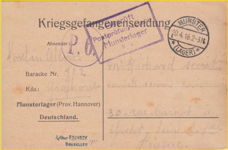 Kriegsgefangensendung von einem der sehr großen Truppenübungsplätze mit dem Tagesstempel "Munster Lager" vom 20. April 1916 sowie einen Stempel von der Postzensur aus dem Gefangenenlager Kriegsgefangensendung von einem der sehr großen Truppenübungsplätze mit dem Tagesstempel "Munster Lager" vom 20. April 1916 sowie einen Stempel von der Postzensur aus dem Gefangenenlager