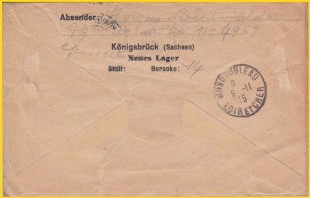 Die Rückseite der eben gezeigten Kriegsgefangenensendung aus Königsbrück Übungsplatz vom 25. Oktober 1915 Die Rückseite der eben gezeigten Kriegsgefangenensendung aus Königsbrück Übungsplatz vom 25. Oktober 1915