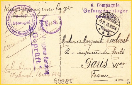 Kriegsgefangensendung vom Truppen-Übungsplatz Ohrdruf vom 5. Februar 1915 mit diversen Nebenstempeln - das rechts ist der Briefstempel des Gefangenenlagers vom Truppen-Übungsplatz Kriegsgefangensendung vom Truppen-Übungsplatz Ohrdruf vom 5. Februar 1915 mit diversen Nebenstempeln - das rechts ist der Briefstempel des Gefangenenlagers vom Truppen-Übungsplatz