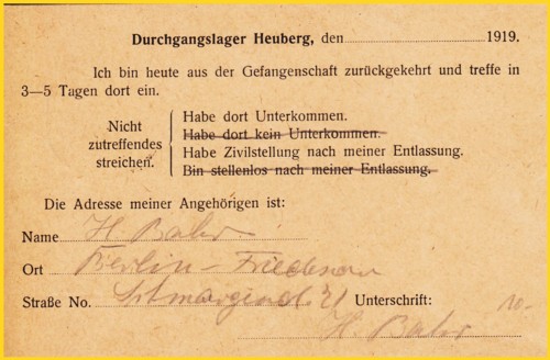 Rückseite der Postkarte von Heuberg mit interessanten vorgedruckten Text aus dem Durchgangslager Heuberg mit der Ankündigung in wenigen Tagen zu Hause zu sein, eine Wohnung zu haben und über einen Arbeitsplatz zu verfügen