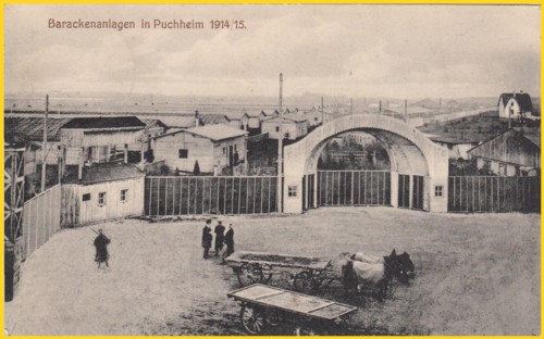 Bildseite einer Ansichtspostkarte vom Barackenlager in Puchheim - Eingangsbereich - aufgrund der vielen Baracken muss es sich um ein großes Lager gehandelt haben Bildseite einer Ansichtspostkarte vom Barackenlager in Puchheim - Eingangsbereich - aufgrund der vielen Baracken muss es sich um ein großes Lager gehandelt haben