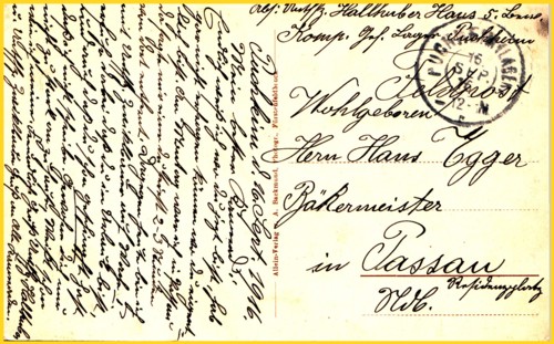 Die Rückseite dieser Ansichtspostkarte mit dem Stempel Puchheim (Lager) vom 16. September 1916 - es handelt sich hier um den Stempel mit der Variante Klammern um das Wort Lager Die Rückseite dieser Ansichtspostkarte mit dem Stempel Puchheim (Lager) vom 16. September 1916 - es handelt sich hier um den Stempel mit der Variante Klammern um das Wort Lager