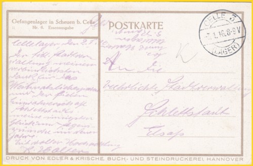 Die Anschriftenseite der Ansichtskarte aus Celle 3 (Lager) vom 3. Januar 1916 ohne Unterscheidungsbuchstabe des Stempels Die Anschriftenseite der Ansichtskarte aus Celle 3 (Lager) vom 3. Januar 1916 ohne Unterscheidungsbuchstabe des Stempels