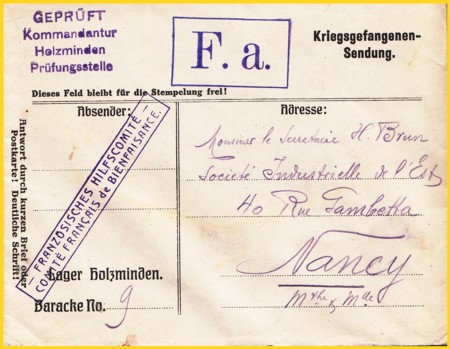 Kriegsgefangenensendung als Vordruckbrief vom Lager Holzminden nach Frankreich unter anderm mit vierzeiligeen Zensurstempel des Lagers Kriegsgefangenensendung als Vordruckbrief vom Lager Holzminden nach Frankreich unter anderm mit vierzeiligeen Zensurstempel des Lagers