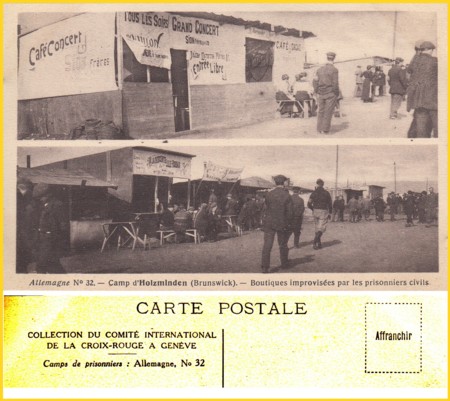 Ansichtspostkarte vom Internationalen Roten Kreuz mit dem Bild 32 aus dem Lager Holzminden - hier scheint es den Gefangenen sehr gut zu gehen, auch Frauen sind im oberen Teil der AK zu sehen Ansichtspostkarte vom Internationalen Roten Kreuz mit dem Bild 32 aus dem Lager Holzminden - hier scheint es den Gefangenen sehr gut zu gehen, auch Frauen sind im oberen Teil der AK zu sehen