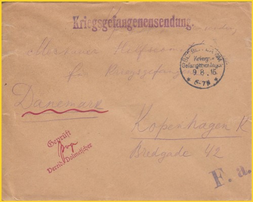Kriegsgefangenensendung aus dem Kriegsgefangenenlager Berger Damm nach Kopenhagen (Dänemark) an das Moskauer Hilfskommitee für Kriegsgefangene mit Tagesstempel vom 9. August 1916 sowie einem Stempel in rot "Geprüft - vereid. Dolmetscher" Kriegsgefangenensendung aus dem Kriegsgefangenenlager Berger Damm nach Kopenhagen (Dänemark) an das Moskauer Hilfskommitee für Kriegsgefangene mit Tagesstempel vom 9. August 1916 sowie einem Stempel in rot "Geprüft - vereid. Dolmetscher"