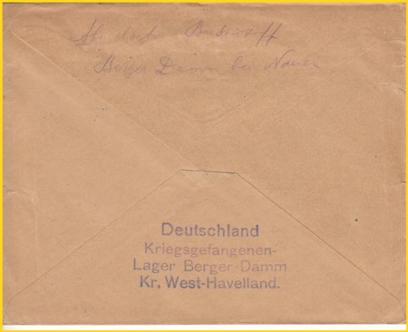 Die Rückseite des eben gezeigten Beleges mit einen Absenderstempel vom Kriegsgefangenenlager Berger Damm Die Rückseite des eben gezeigten Beleges mit einen Absenderstempel vom Kriegsgefangenenlager Berger Damm
